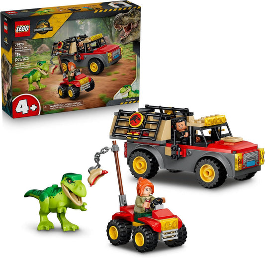 LEGO Jurassic World set 77622, featuring a red and gray vehicle with a driver minifigure, a small red ATV with a minifigure, a green T-Rex toy, and the retail box on a white background.