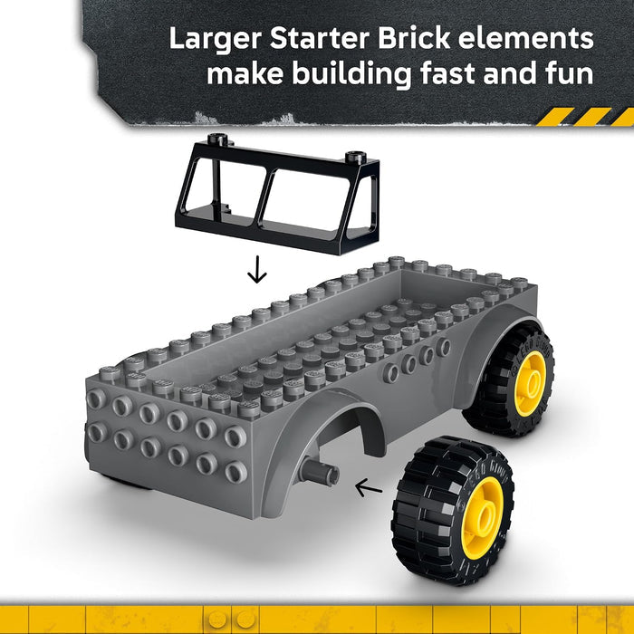 A gray toy vehicle chassis with black wheels and yellow hubcaps, shown on a white background with a black text banner at the top reading 'Larger Starter Brick elements make building fast and fun.'.