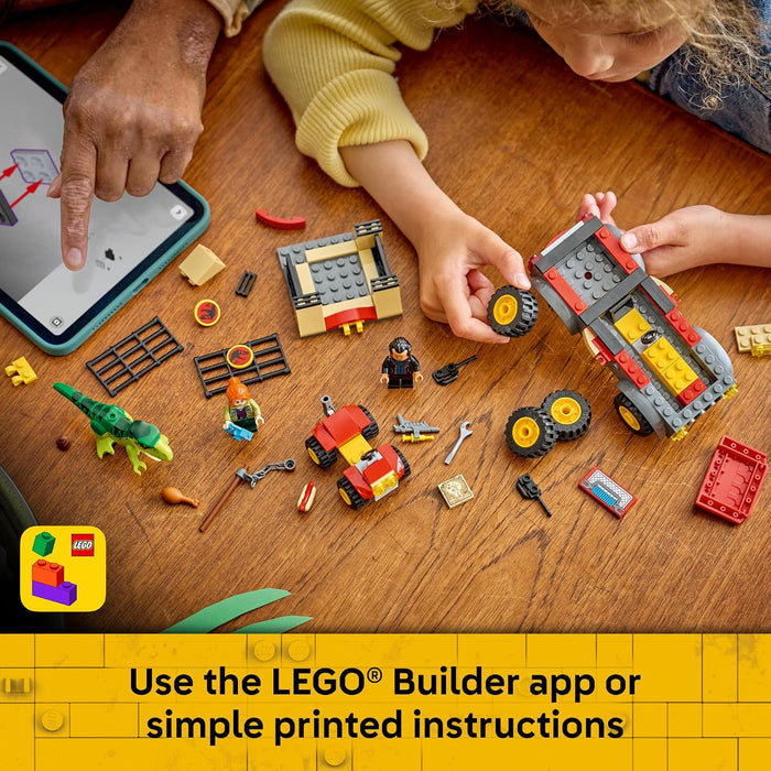 A child's hands are building a LEGO vehicle set on a wooden floor, with an adult's hand pointing at a tablet screen nearby. The scene includes scattered LEGO building pieces, a small dinosaur figure, and a yellow banner at the bottom with text about using the LEGO Builder app or printed instructions.