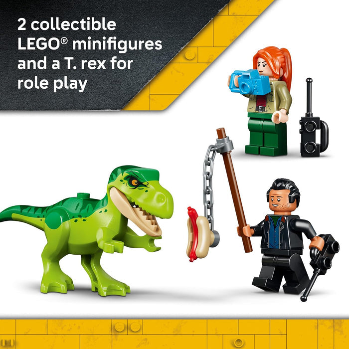 LEGO collectible minifigures and a T-rex toy set shown on a white background with a dark gray and yellow graphic header. The set includes a green T-rex, a minifigure with red hair holding a blue camera and walkie-talkie, and another minifigure in black holding a hot dog and walkie-talkie.