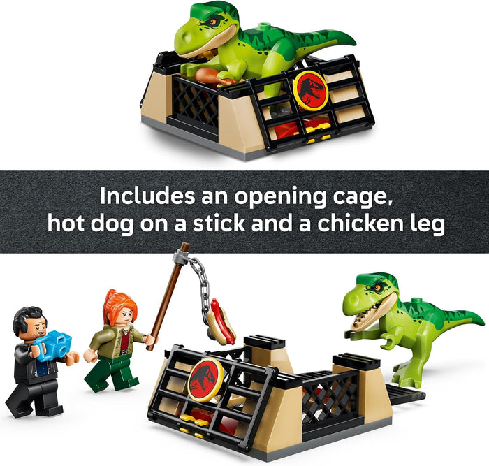Jurassic Park building set featuring a green T-Rex toy, an opening cage with flamingo accents, a hot dog on a stick, and a chicken leg, shown with small minifigures on a white background with descriptive text.
