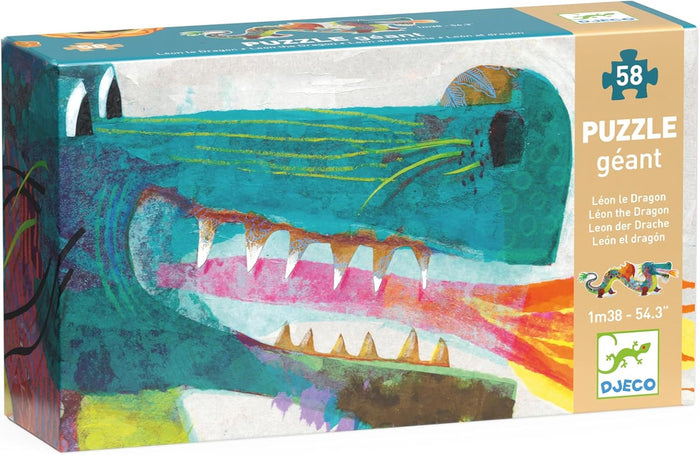 Colorful puzzle box featuring a dragon design with 'Djeco' branding.
