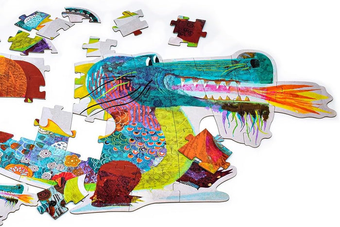Colorful puzzle of a dragon with missing pieces on a white background