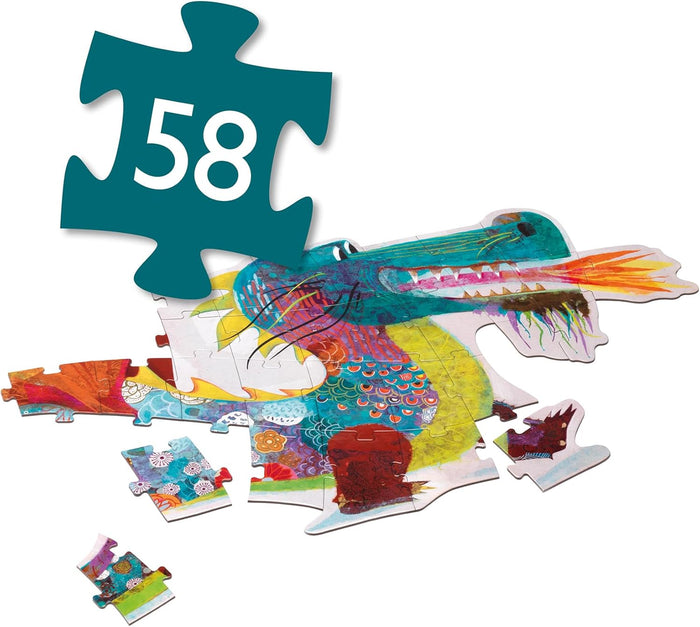 Colorful dragon puzzle with a large piece showing the number 58 on a white background