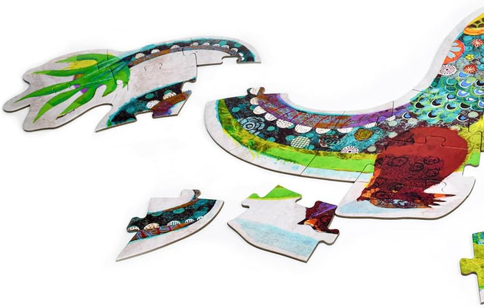 Colorful dragon-shaped puzzle pieces on a white background