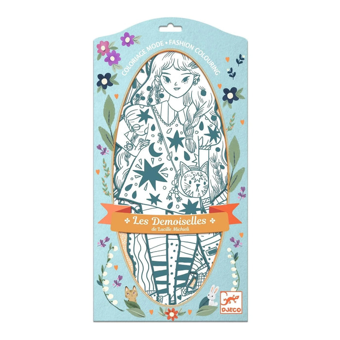 Coloring book packaging with illustrations of a girl and cat, surrounded by flowers and leaves on a light blue background.