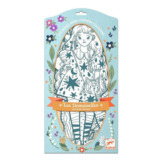 Coloring book packaging with illustrations of a girl and cat, surrounded by flowers and leaves on a light blue background.