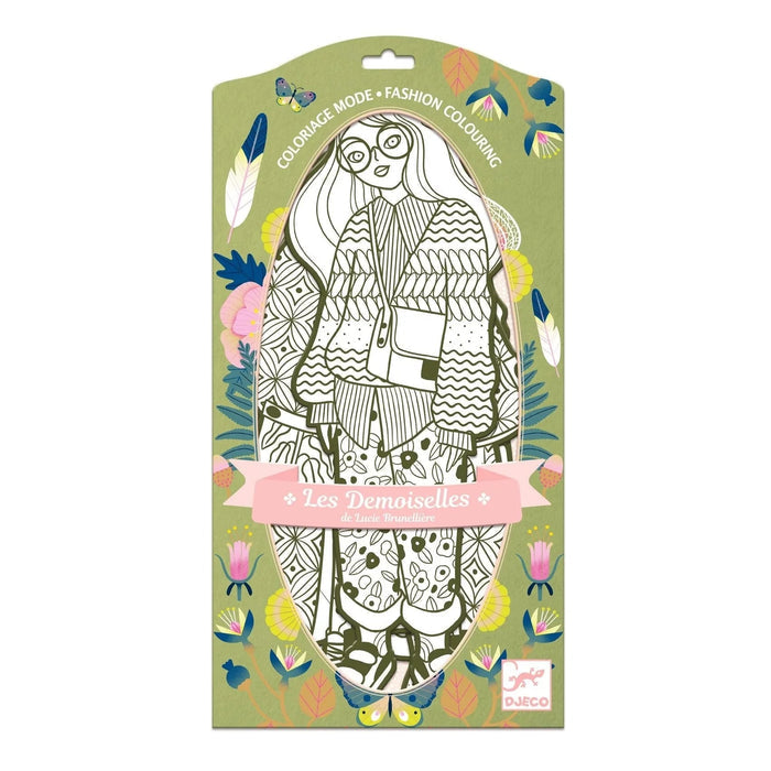 Packaging of 'Les Demoiselles' coloring book with illustrations of girls in colorful outfits, designed for coloring by children.
