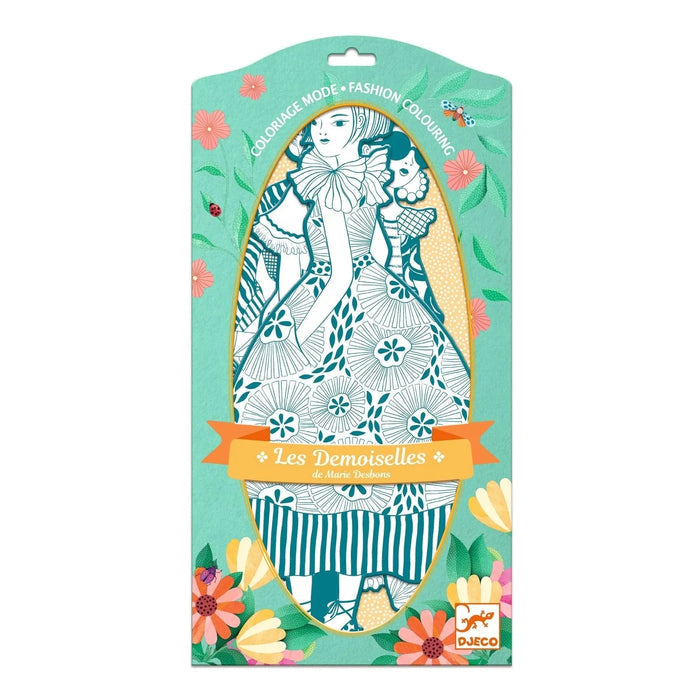 Packaging of 'Les Demoiselles' coloring book with illustrations of girls in colorful outfits, designed for coloring by children.