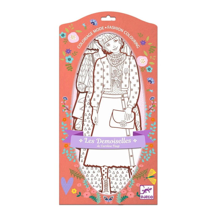 Packaging of 'Les Demoiselles' coloring book with illustrations of girls in colorful outfits, designed for coloring by children.