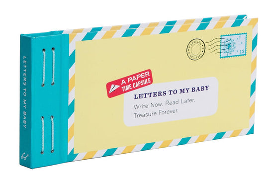 Time capsule book titled 'Letters to My Baby' with a yellow envelope design on a white background