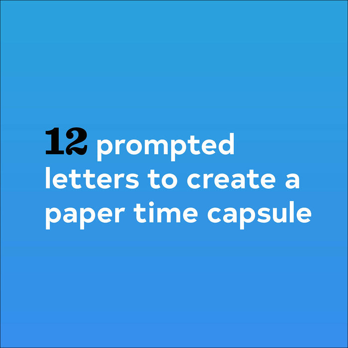 Graphic on a bright blue background with text "12 promped letters to create a paper time capsule"
