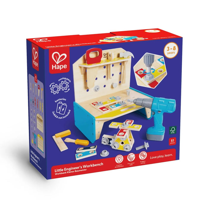 Hape Little Engineer's Workbench toy set packaging on a white background