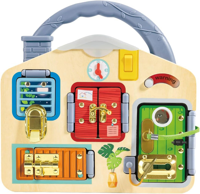 Colorful toy lock and learn playset in a carrying case on a white background