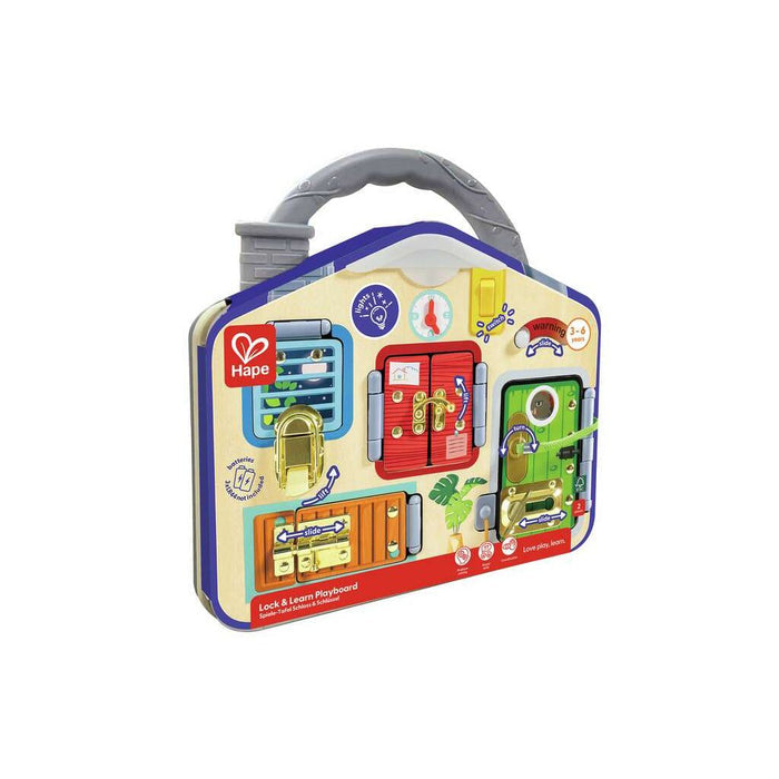 Colorful toy lock and learn playset in a carrying case on a white background