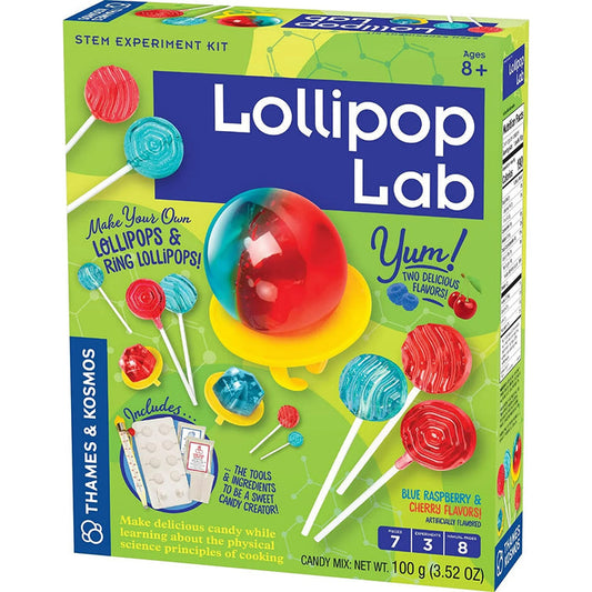 Lollipop Lab STEM experiment kit packaging with colorful lollipops on a green background