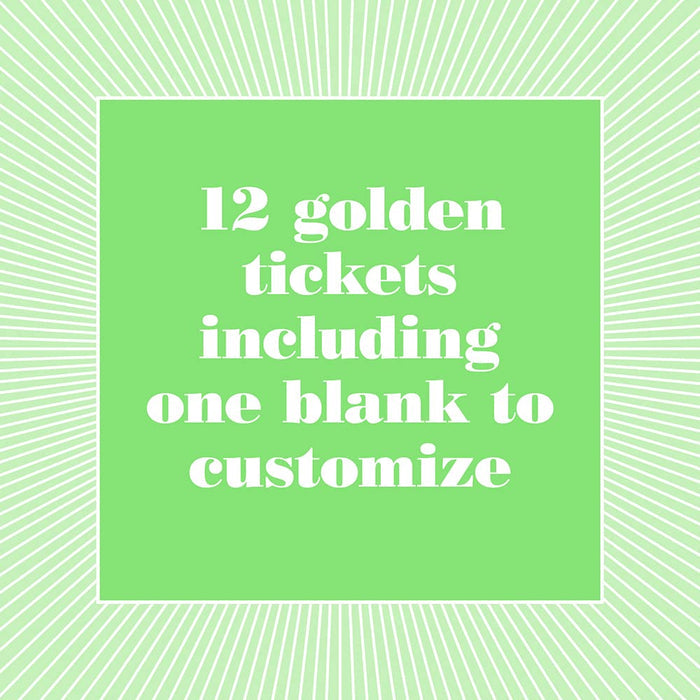 Green graphic with text "12 golden tickets including one blank to customize"