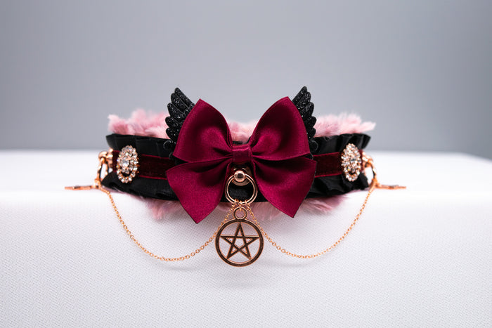 Luxury "Fur Lined" Black and Maroon Velvet Collar and Leash Set