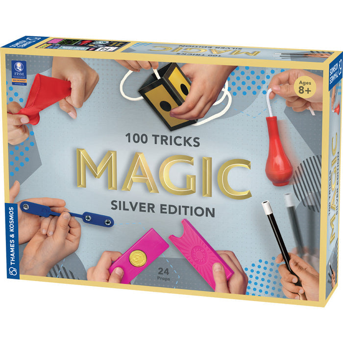 Box of '100 Tricks Magic Silver Edition' with images of hands performing magic tricks.