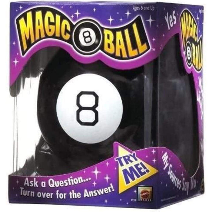 Magic 8 Ball toy in packaging with purple and yellow text