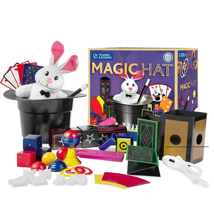 A children's magic hat toy set by Thames & Education, featuring a plush white rabbit in a black hat, a colorful instruction box, and many included accessories such as cards, blocks, small boxes, and props, all arranged on a white background.