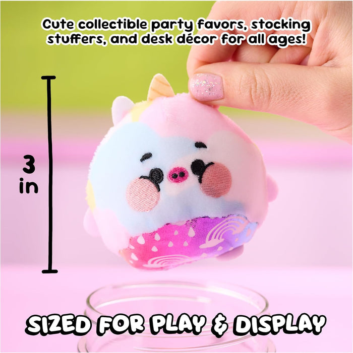 Small plush toy with unicorn design held by a hand, labeled as a collectible party favor or stocking stuffer.