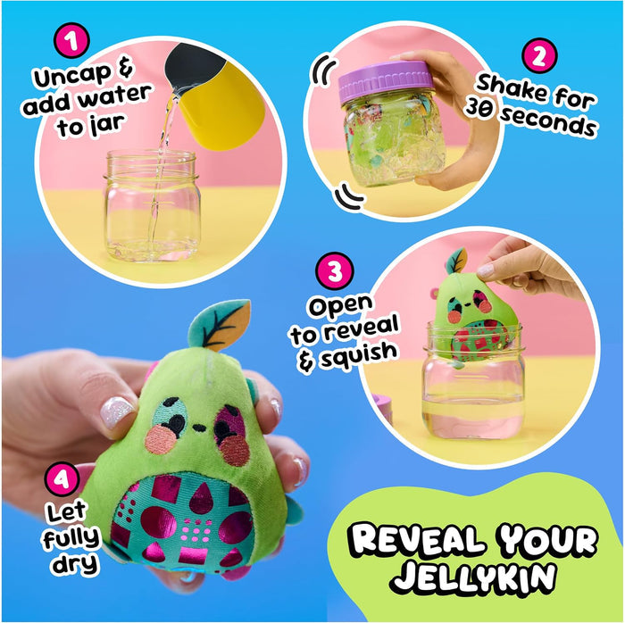 Instructions for revealing a jellykin toy from a jar with colorful illustrations and text.