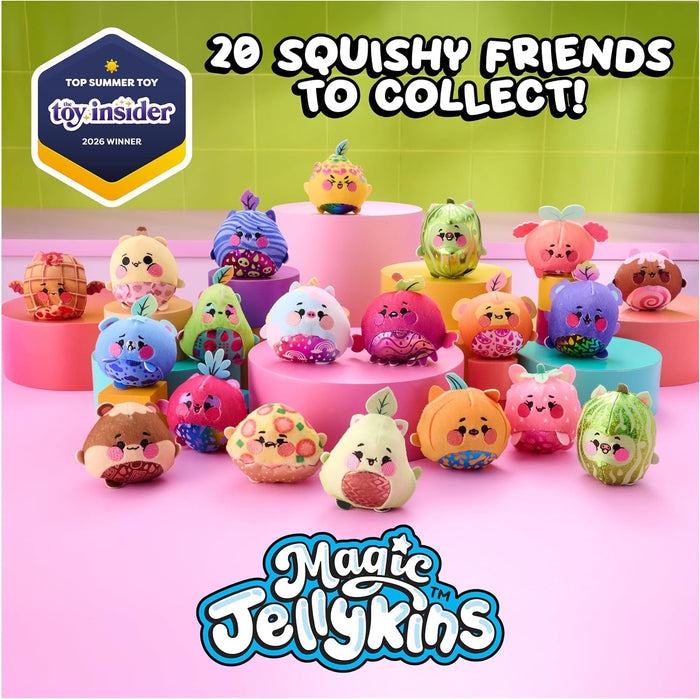 Collection of colorful Magic Jellykins toys with a 'Top Summer Toy' award from Toy Insider on a pink and green background.