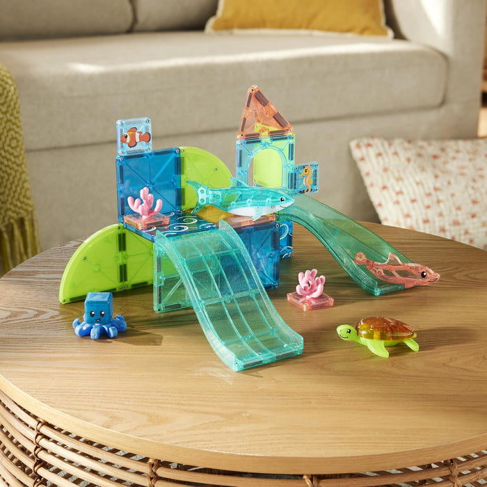 Magna Tiles Coral Reef on a wooden table in a living room