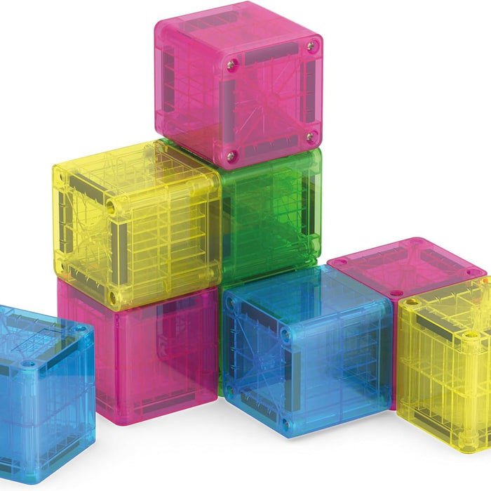 Blue, yellow, red, green and pink Magna Tile Cubes stacked on a white background.