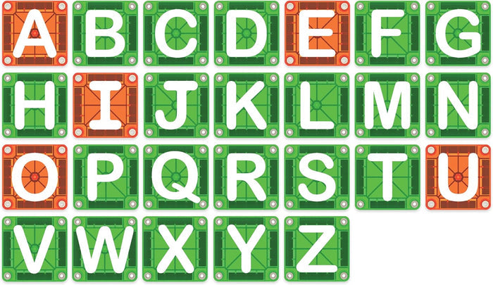 Green and red letter tiles from A to Z on a white background.