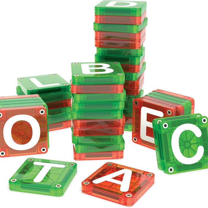 Green and red letter tiles stacked on a white background