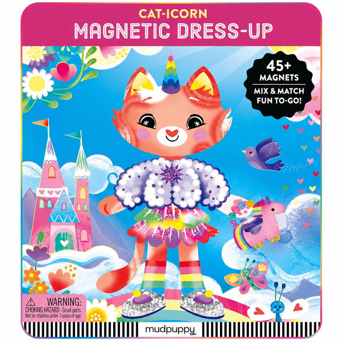 MudPuppy Cat-Icorn Magnetic Dress-Up toy set in its retail packaging, featuring a colorful illustration of a cat character wearing a rainbow unicorn horn and a fluffy white dress, surrounded by whimsical castle and cloud illustrations.