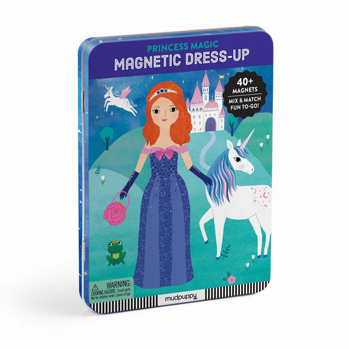 Princess Magic Magnetic Dress-Up toy packaging with a girl in a blue dress and unicorn on a blue background.