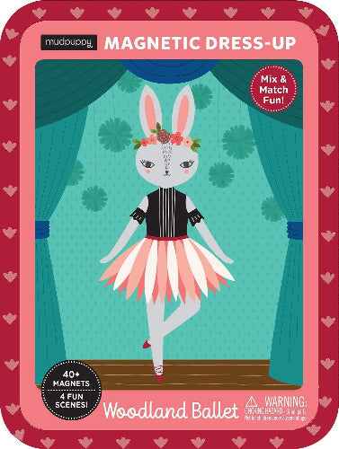 Magnetic dress-up set packaging with a rabbit character in a ballet pose on a stage background.