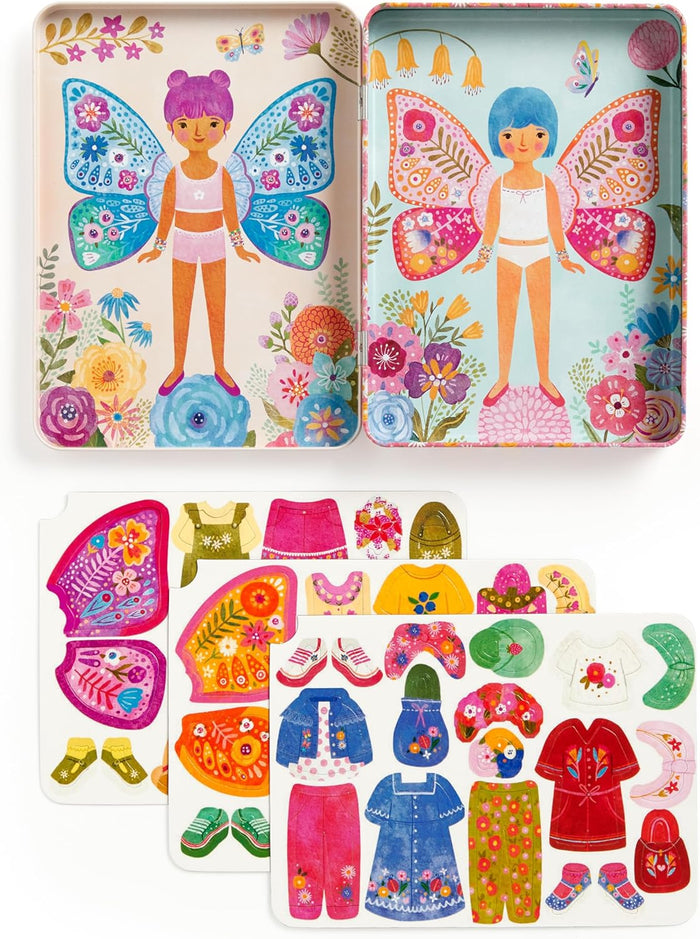 Colorful magnetic toy set with butterfly-themed figures and interchangeable accessories on a white background.