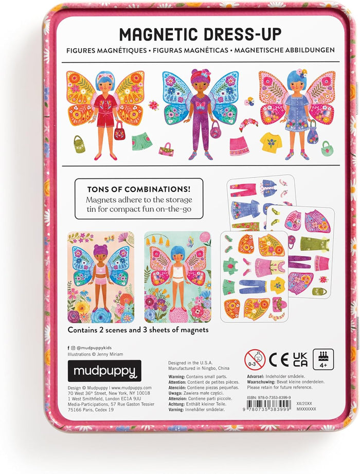 Magnetic dress-up toy packaging with colorful figures and accessories on a white background
