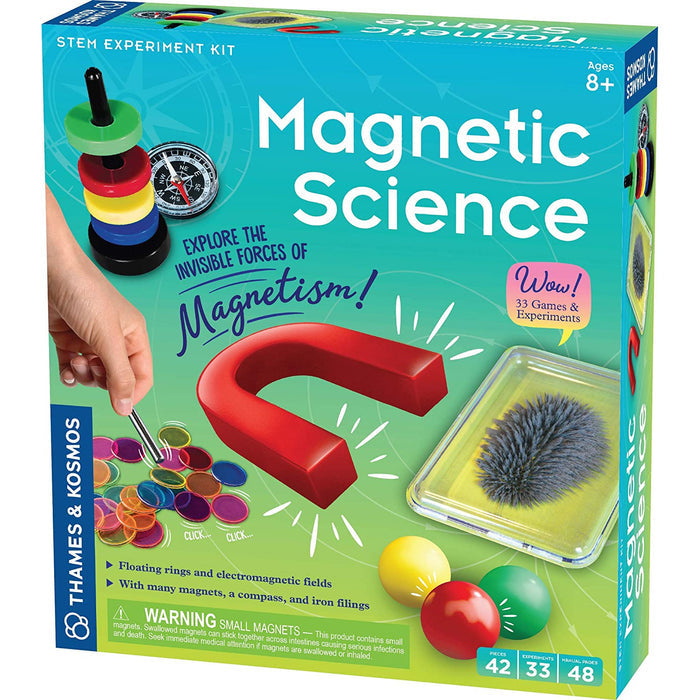 Magnetic Science experiment kit packaging with colorful magnets and text on a blue and green background.