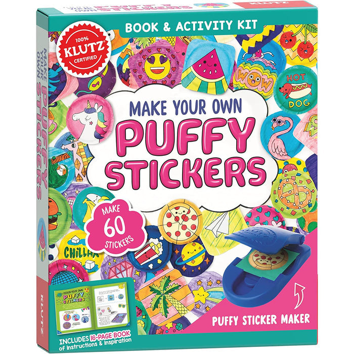 Colorful packaging of a 'Make Your Own Puffy Stickers' kit with a sticker maker included.