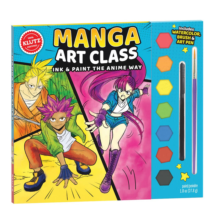 Manga art class book with colorful characters and paint pen on a blue background