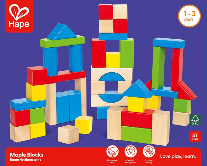 Colorful wooden blocks set with Hape logo on a blue background