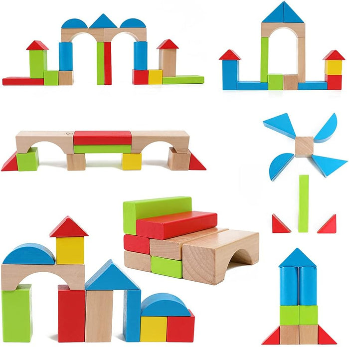 Various designs of stacked blocks on a white background.