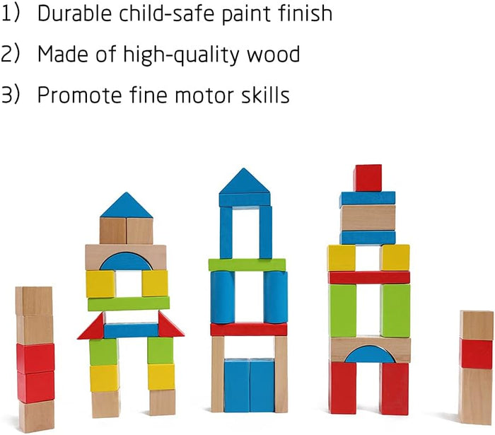 Stacked blocks on a white background with text that promotes a child safe paint finish and high quality wood.