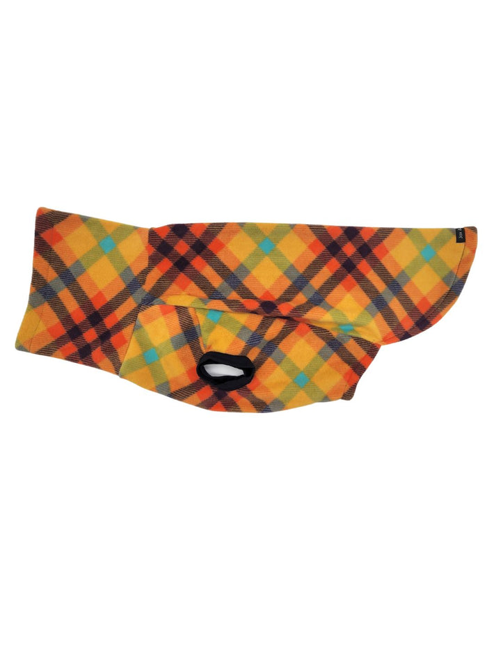 Orange and navy plaid fleece dog sweater, flat side view