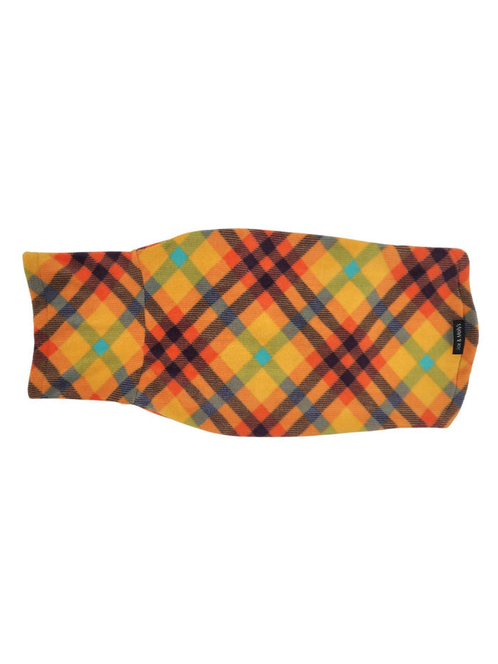 Marmalade orange and navy plaid fleece dog sweater, flat top view