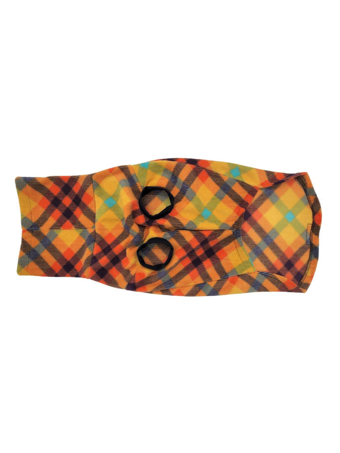 Marmalade orange and navy plaid fleece dog sweater, flat underside view