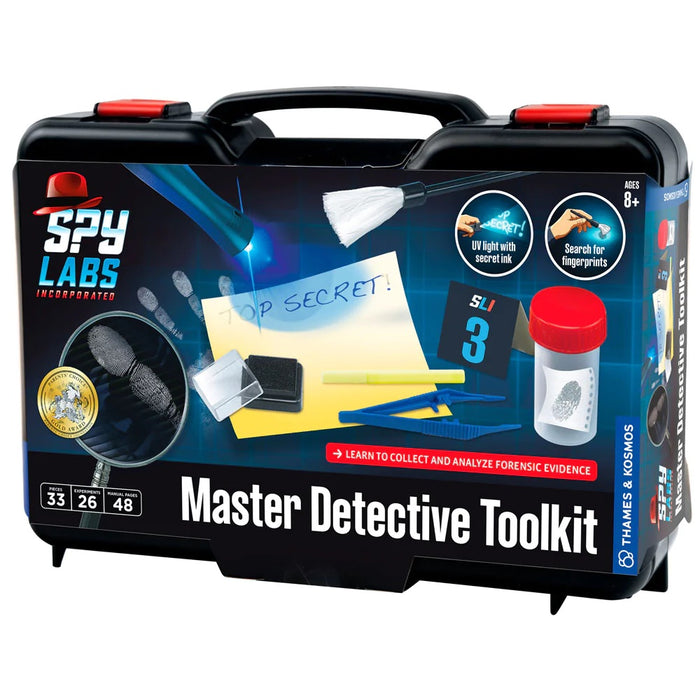 A Master Detective Toolkit product packaging showing various accessories like magnifying glass, fingerprint kit, and evidence bags.