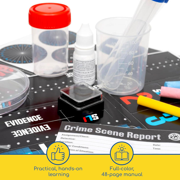 Crime scene investigation kit with tools and a report on a white background
