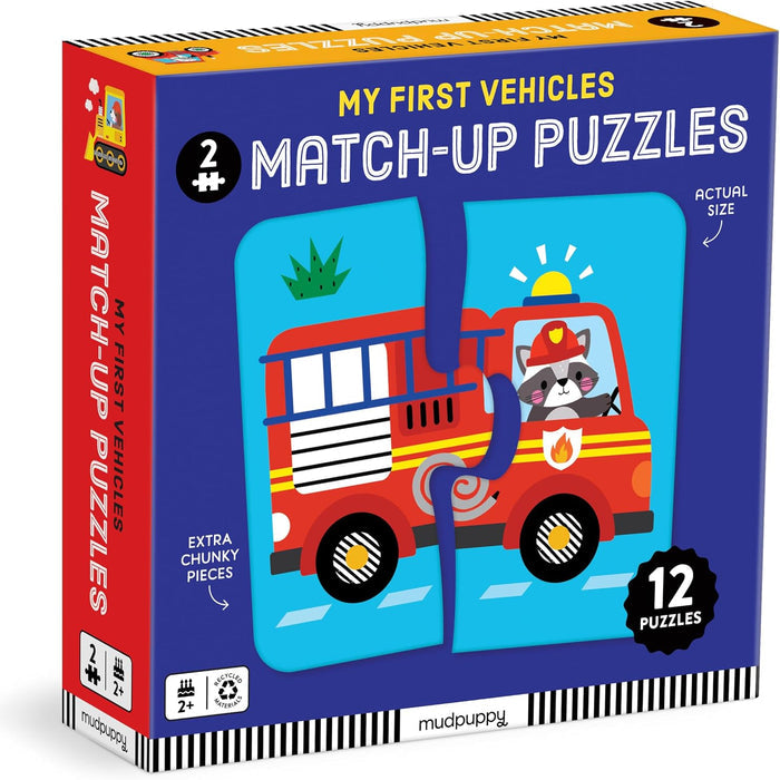 Box of 'My First Vehicles Match-Up Puzzles' by mudpuppy, featuring a fire truck and animal puzzle design on a blue background with red side panel.