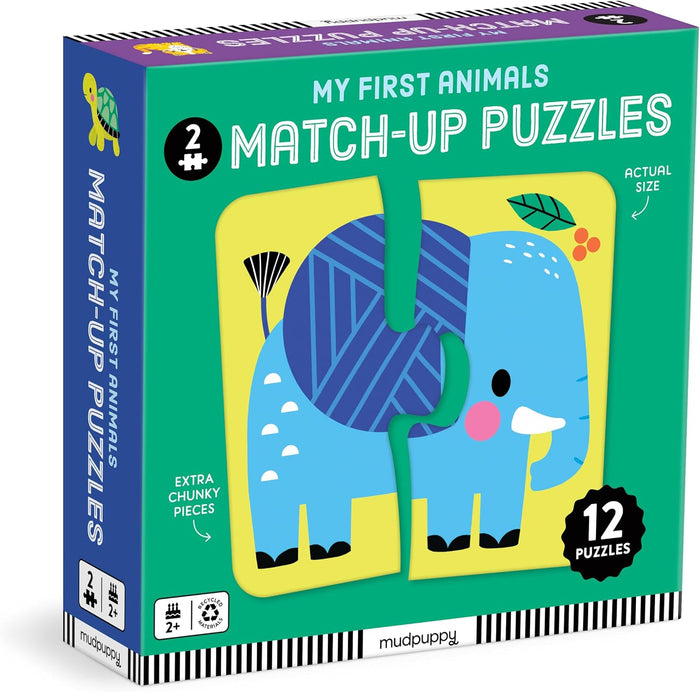 Box of 'My First Animals Match-Up Puzzles' by mudpuppy, featuring a colorful illustration of a blue and purple elephant on a bright green box with 12 puzzle pieces.